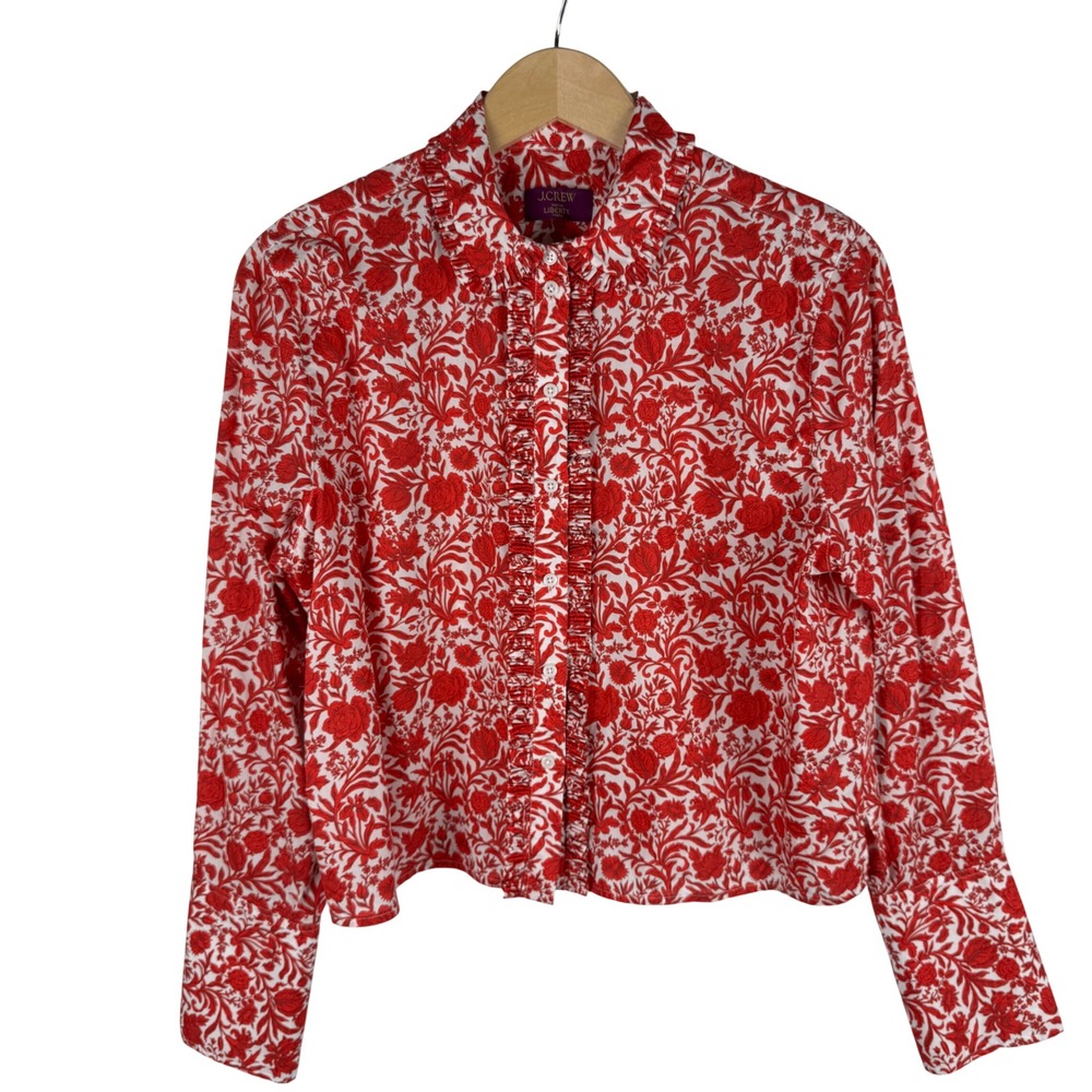 J.Crew Liberty Sambourne Fabric Floral Ruffle Collar Blouse Women S Cropped Red - Picture 4 of 10
